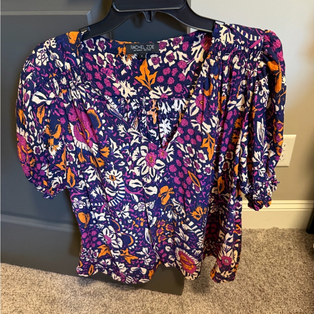 Rachel Zoe Purple Floral V-Neck Puff Sleeve Blouse
